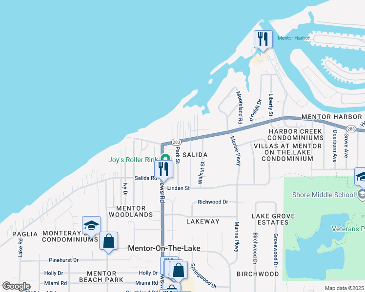 map of restaurants, bars, coffee shops, grocery stores, and more near 5599 Park Street in Mentor-on-the-Lake