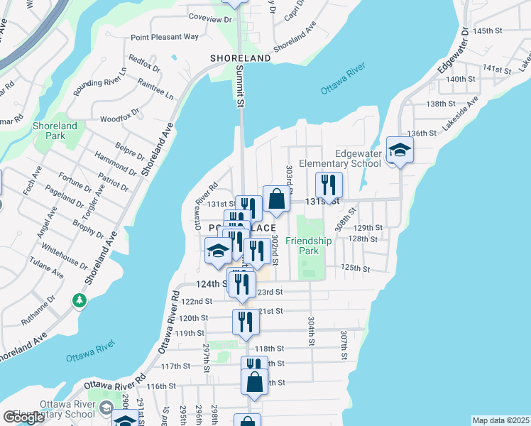 map of restaurants, bars, coffee shops, grocery stores, and more near 2830 131st Street in Toledo
