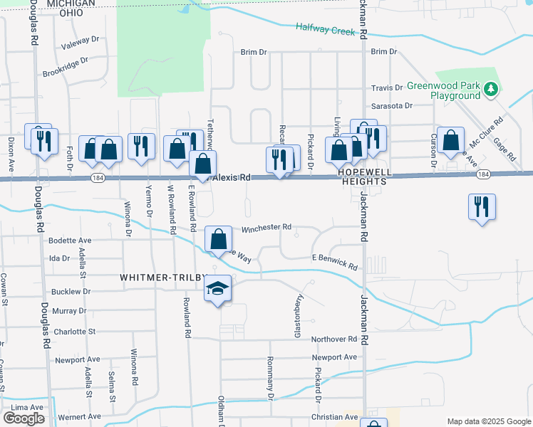 map of restaurants, bars, coffee shops, grocery stores, and more near 1922 Winchester Road in Toledo