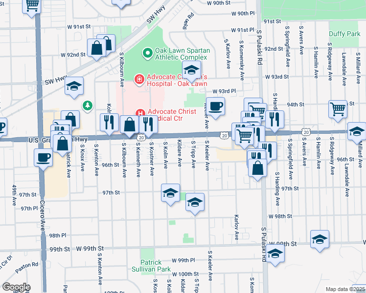 map of restaurants, bars, coffee shops, grocery stores, and more near 9520 Kildare Avenue in Oak Lawn