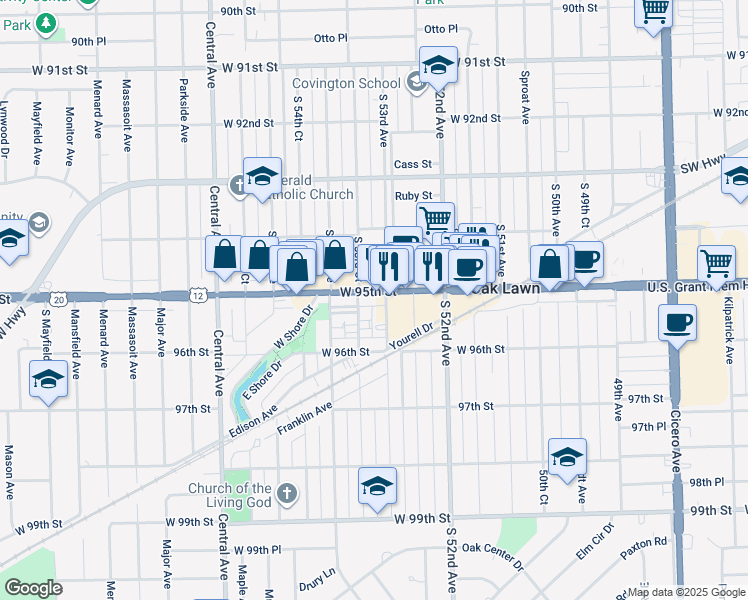 map of restaurants, bars, coffee shops, grocery stores, and more near 5273 West 95th Street in Oak Lawn