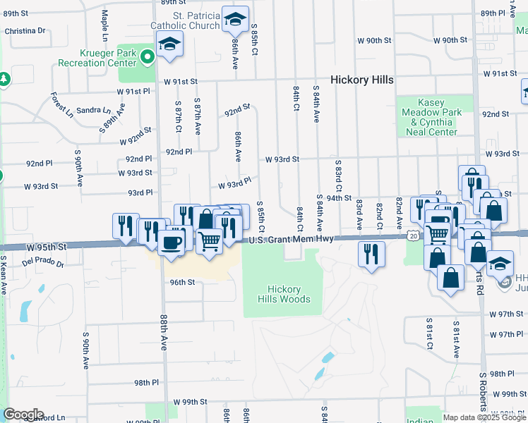 map of restaurants, bars, coffee shops, grocery stores, and more near 9419 South 85th Court in Hickory Hills