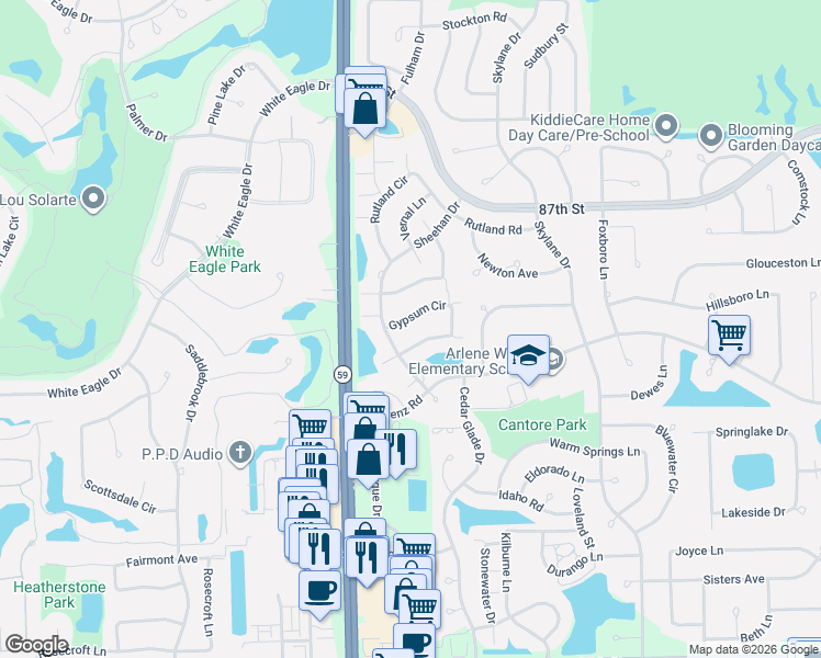 map of restaurants, bars, coffee shops, grocery stores, and more near 2938 Gypsum Circle in Naperville