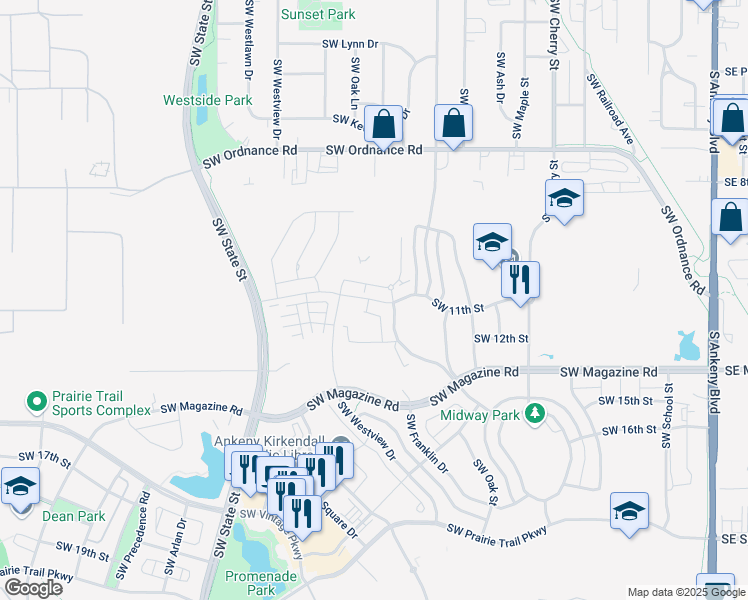 map of restaurants, bars, coffee shops, grocery stores, and more near 1373 Southwest Radcliffe Lane in Ankeny