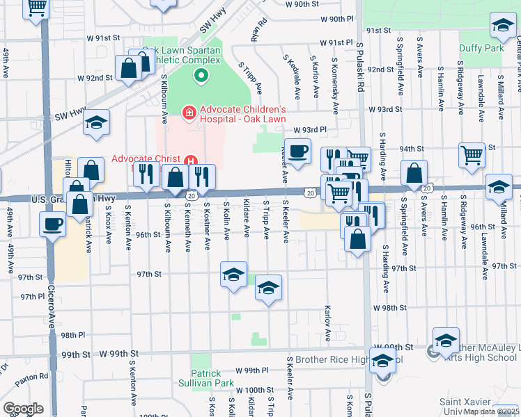 map of restaurants, bars, coffee shops, grocery stores, and more near 9516 South Tripp Avenue in Oak Lawn