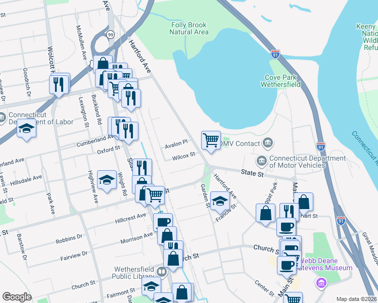 map of restaurants, bars, coffee shops, grocery stores, and more near 2 Wilcox Street in Wethersfield
