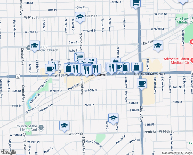 map of restaurants, bars, coffee shops, grocery stores, and more near in Oak Lawn