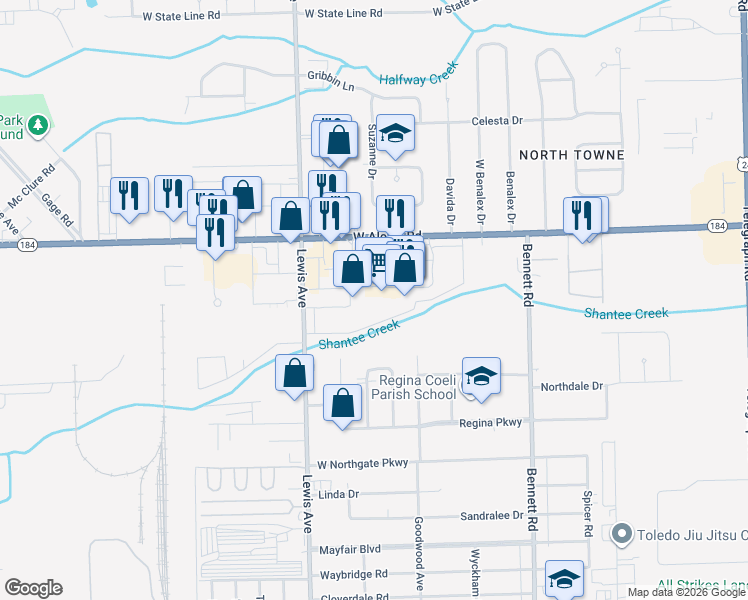 map of restaurants, bars, coffee shops, grocery stores, and more near 833 West Alexis Road in Toledo