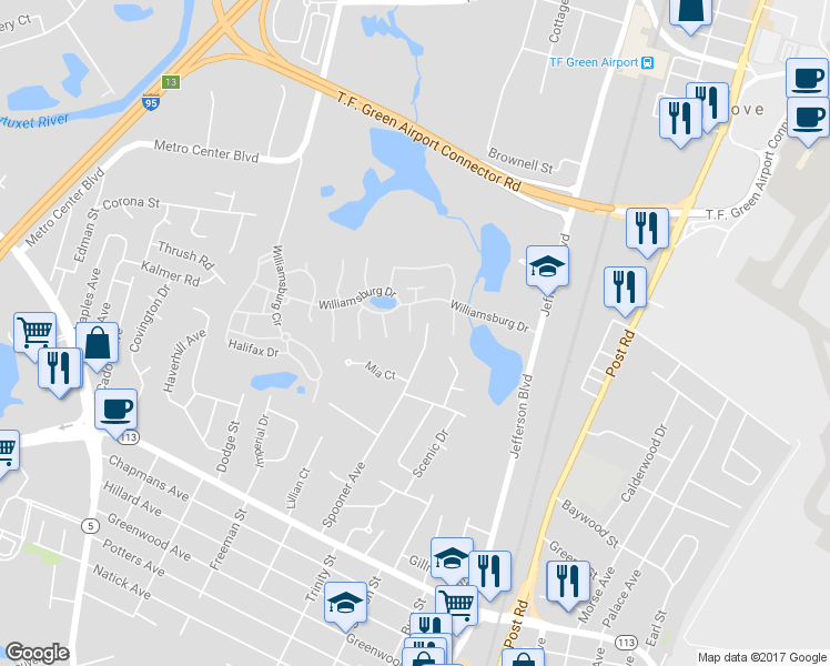 map of restaurants, bars, coffee shops, grocery stores, and more near 484 Round Hill Court in Warwick