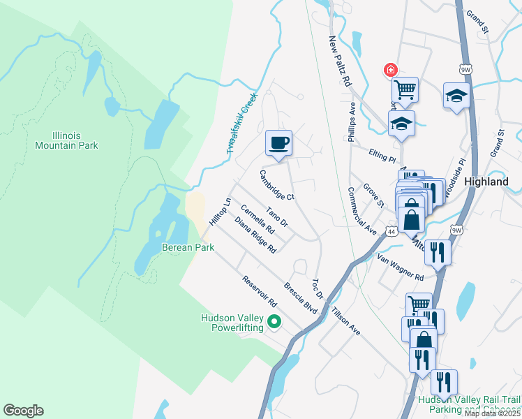 map of restaurants, bars, coffee shops, grocery stores, and more near 17 Tano Drive in Highland