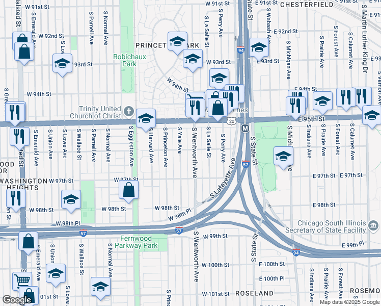map of restaurants, bars, coffee shops, grocery stores, and more near 9609 South Wentworth Avenue in Chicago