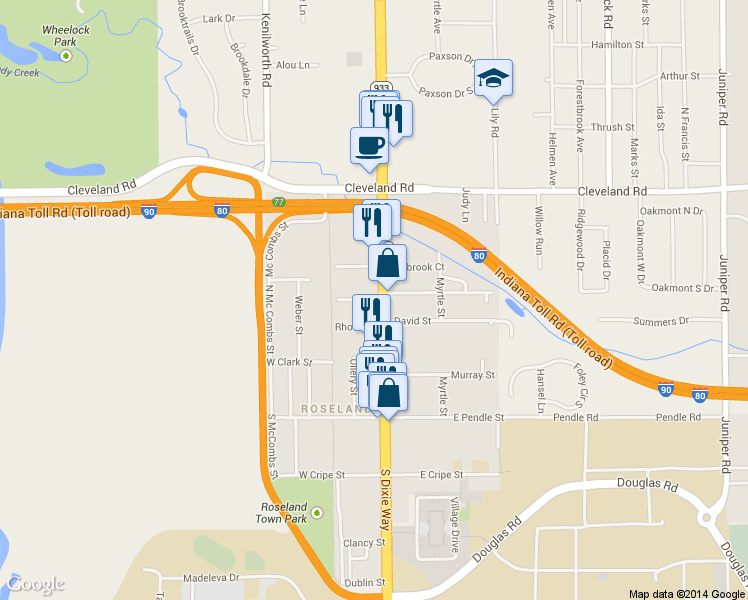 map of restaurants, bars, coffee shops, grocery stores, and more near 118 West Willow Drive in South Bend