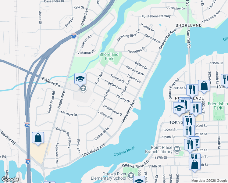map of restaurants, bars, coffee shops, grocery stores, and more near 5330 Brophy Dr in Toledo