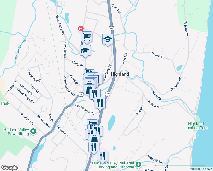 map of restaurants, bars, coffee shops, grocery stores, and more near 40 Vineyard Avenue in Highland