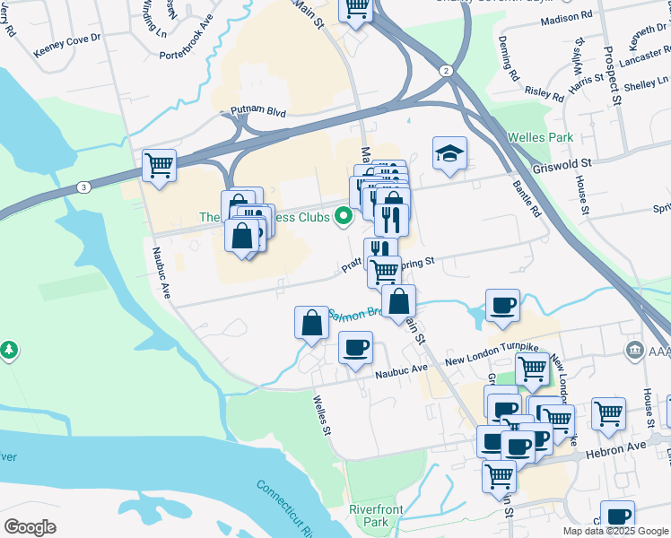 map of restaurants, bars, coffee shops, grocery stores, and more near 50 Pratt Street in Glastonbury