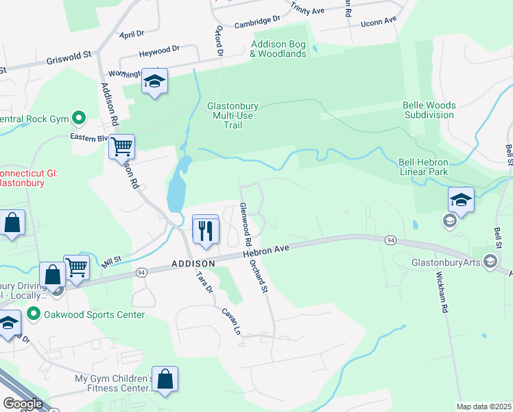 map of restaurants, bars, coffee shops, grocery stores, and more near 12 Stony Brook Drive in Glastonbury