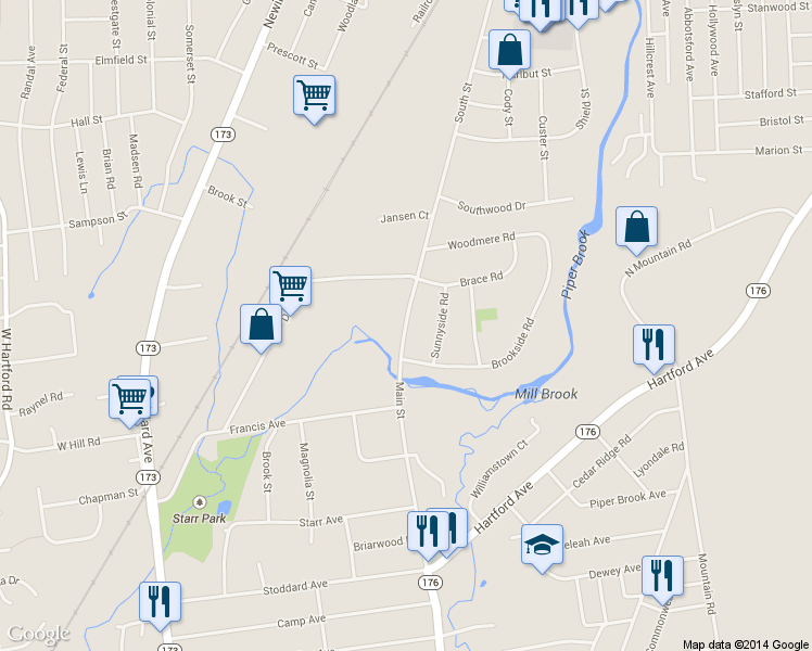 map of restaurants, bars, coffee shops, grocery stores, and more near 83 Main Street in Newington