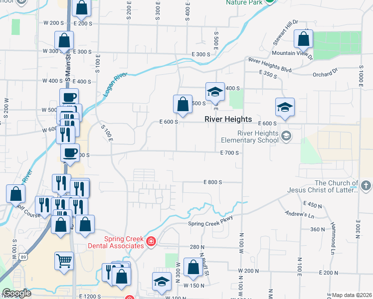 map of restaurants, bars, coffee shops, grocery stores, and more near 427 East 700 South in River Heights