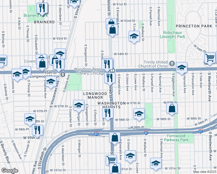 map of restaurants, bars, coffee shops, grocery stores, and more near 9562 S Halsted St in Chicago