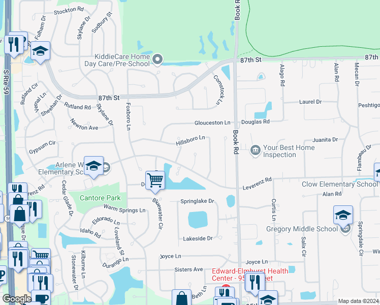 map of restaurants, bars, coffee shops, grocery stores, and more near 2407 Williamstown Court in Naperville
