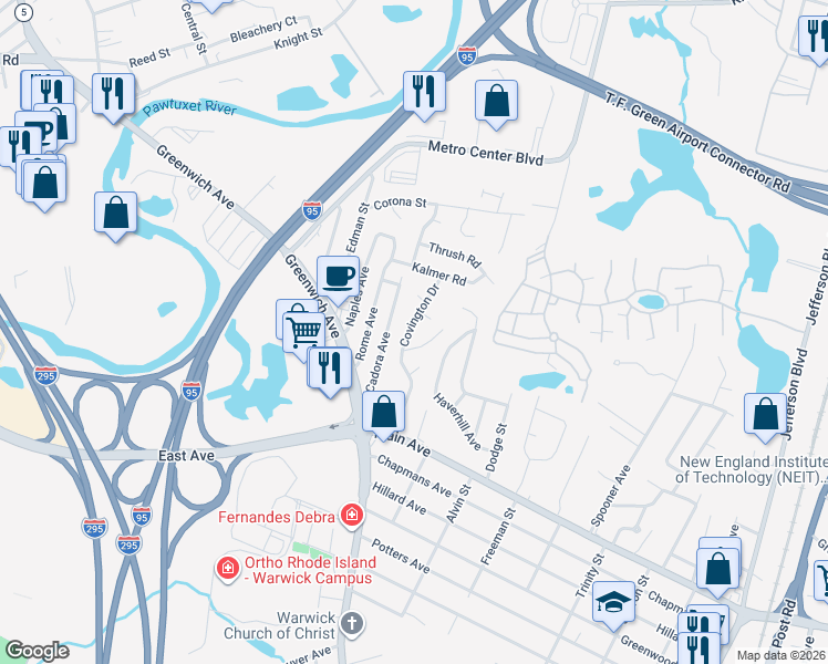 map of restaurants, bars, coffee shops, grocery stores, and more near 62 Covington Dr in Warwick