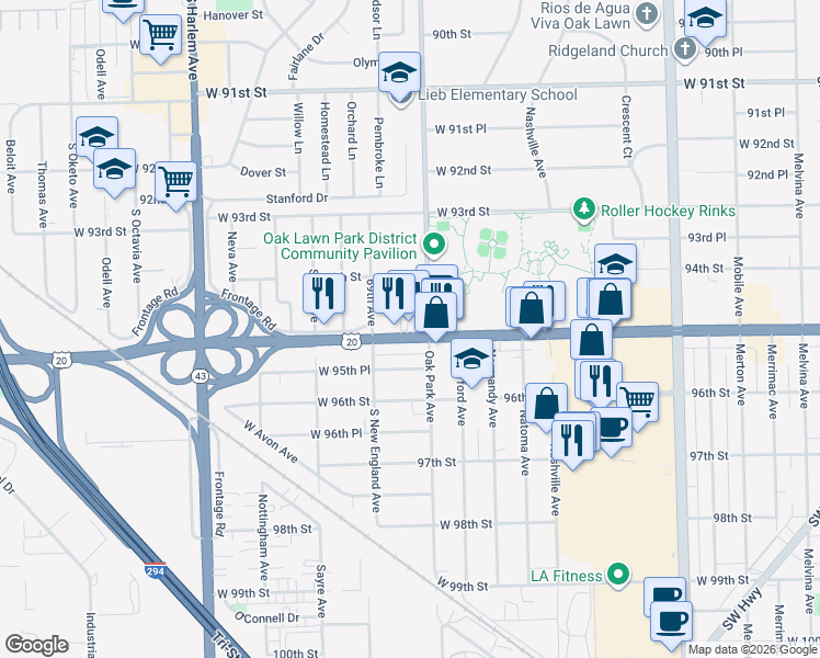 map of restaurants, bars, coffee shops, grocery stores, and more near 6834 95th Street in Oak Lawn