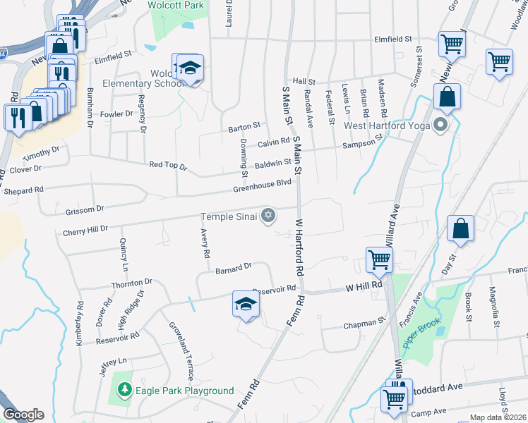 map of restaurants, bars, coffee shops, grocery stores, and more near 59 Cherry Hill Drive in Newington