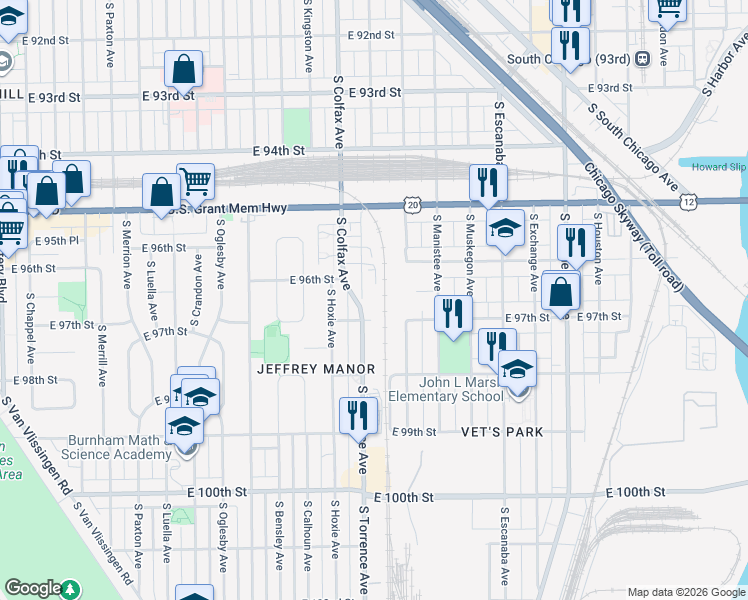 map of restaurants, bars, coffee shops, grocery stores, and more near 9633 South Torrence Avenue in Chicago