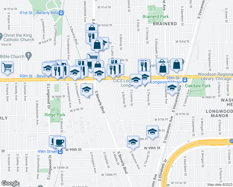map of restaurants, bars, coffee shops, grocery stores, and more near 9557 South Winston Avenue in Chicago