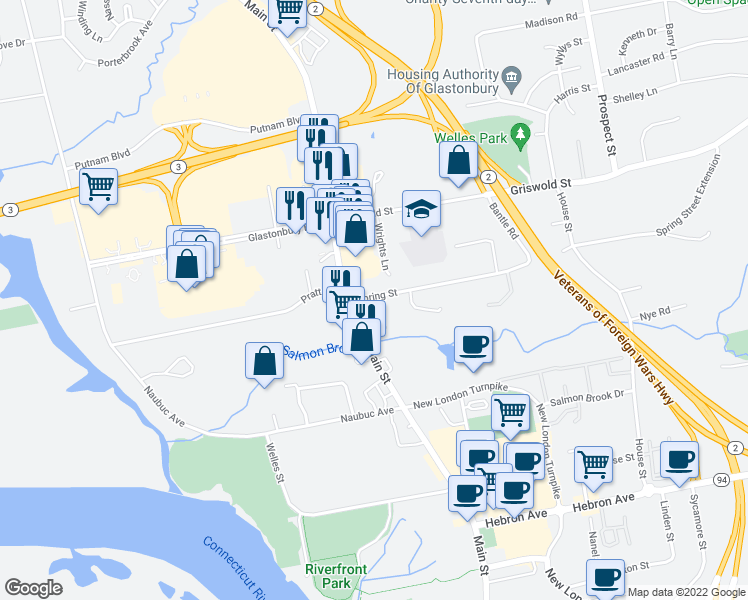 map of restaurants, bars, coffee shops, grocery stores, and more near 18 Dickau Court in Glastonbury