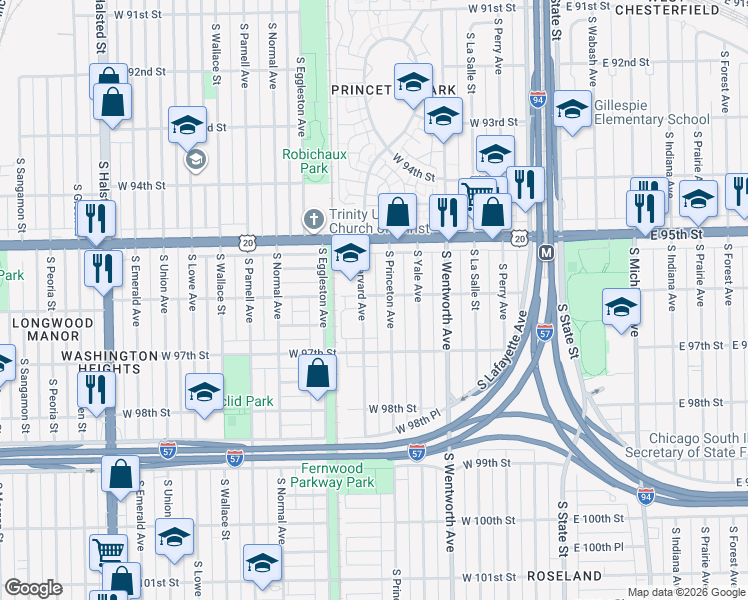 map of restaurants, bars, coffee shops, grocery stores, and more near 9606 South Princeton Avenue in Chicago