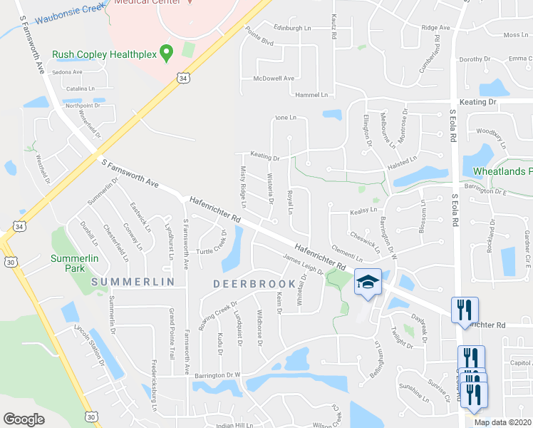 map of restaurants, bars, coffee shops, grocery stores, and more near 2014 Misty Ridge Lane in Aurora