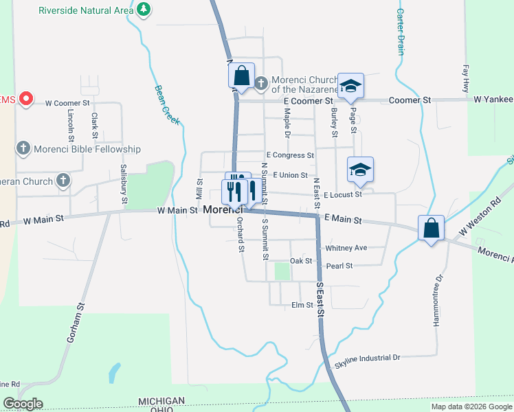 map of restaurants, bars, coffee shops, grocery stores, and more near 110 West Main Street in Morenci