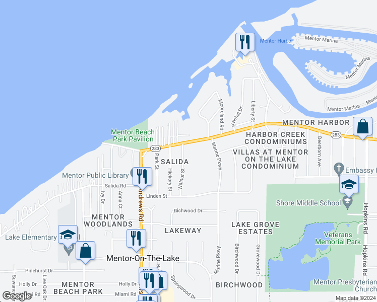 map of restaurants, bars, coffee shops, grocery stores, and more near 7894 Lakeshore Boulevard in Mentor-on-the-Lake