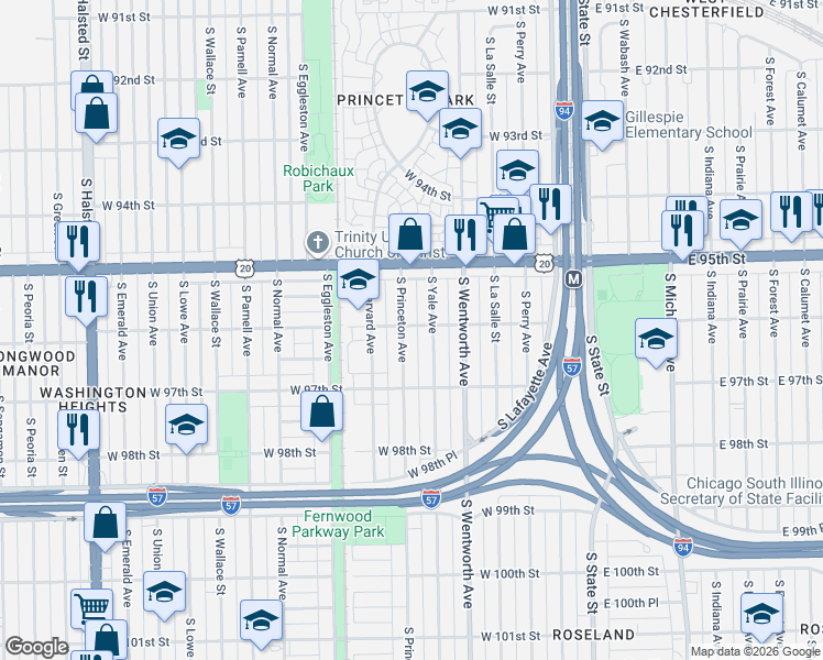 map of restaurants, bars, coffee shops, grocery stores, and more near 9608 South Yale Avenue in Chicago