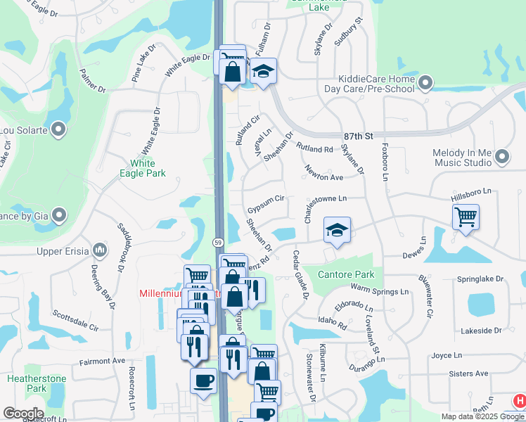 map of restaurants, bars, coffee shops, grocery stores, and more near 2938 Gypsum Circle in Naperville