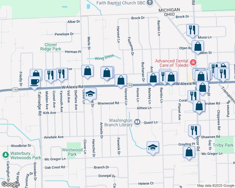 map of restaurants, bars, coffee shops, grocery stores, and more near 3725 West Alexis Road in Toledo
