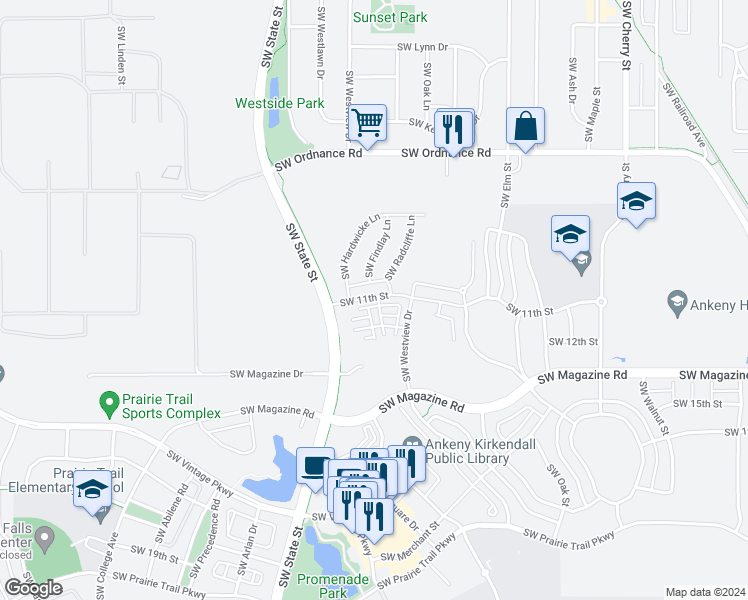 map of restaurants, bars, coffee shops, grocery stores, and more near 1407 Southwest 11th Street in Ankeny