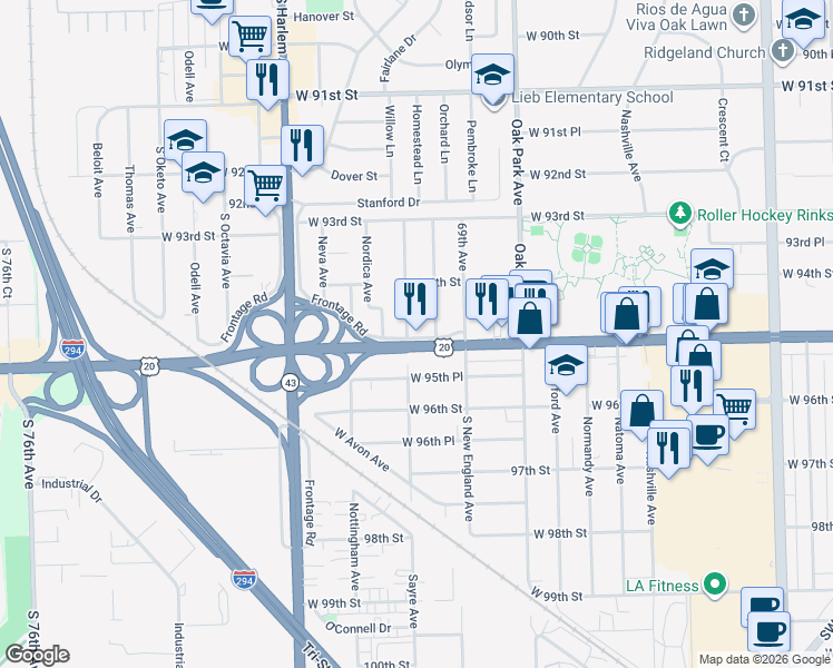 map of restaurants, bars, coffee shops, grocery stores, and more near 6950 Frontage Road in Oak Lawn