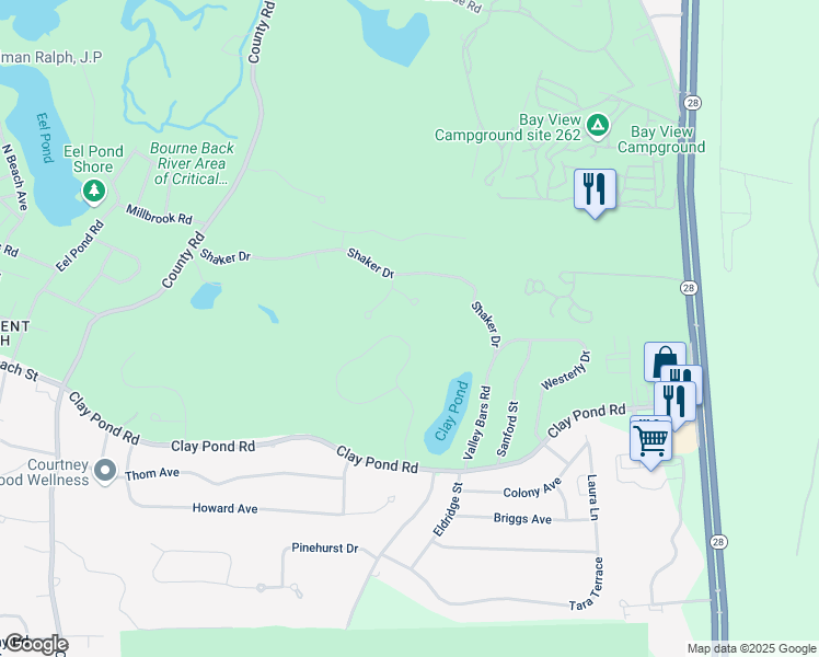 map of restaurants, bars, coffee shops, grocery stores, and more near 45 Round House Road in Bourne
