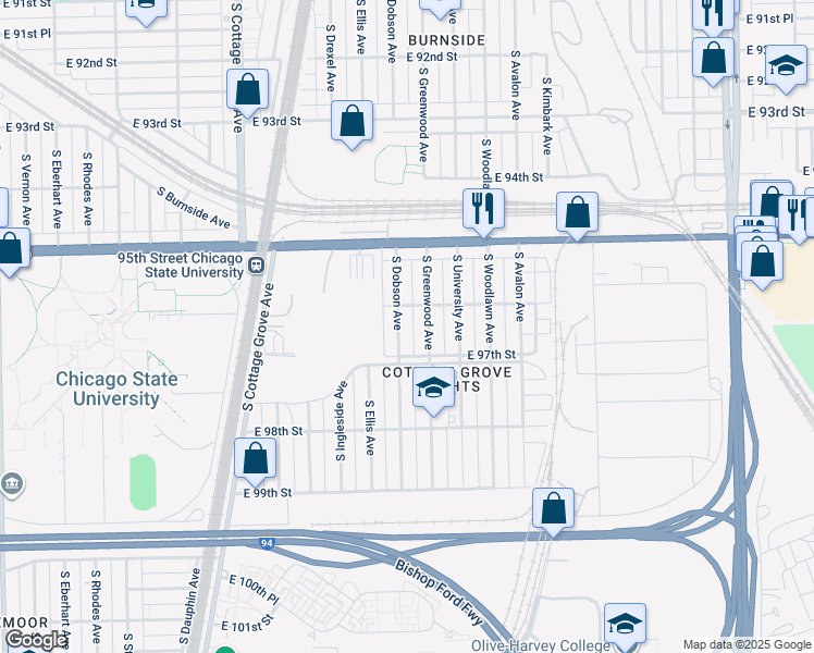 map of restaurants, bars, coffee shops, grocery stores, and more near 9624 South Dobson Avenue in Chicago