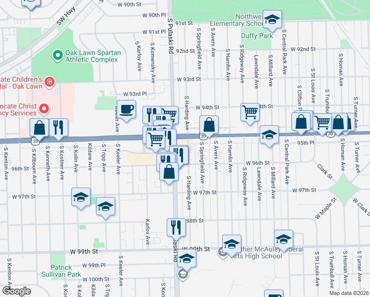 map of restaurants, bars, coffee shops, grocery stores, and more near 9527 South Harding Avenue in Evergreen Park