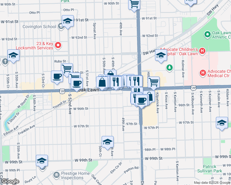 map of restaurants, bars, coffee shops, grocery stores, and more near 4917 95th Street in Oak Lawn