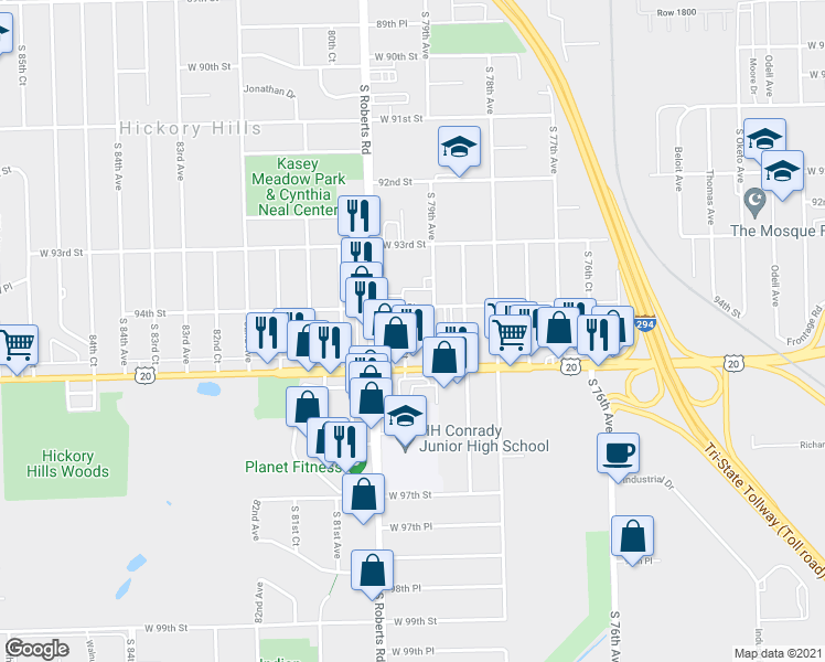 map of restaurants, bars, coffee shops, grocery stores, and more near 9400 South 79th Avenue in Hickory Hills