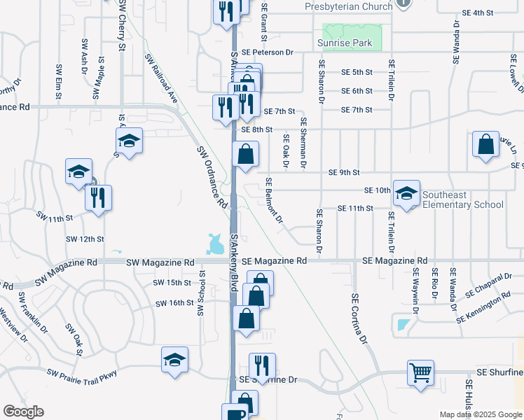 map of restaurants, bars, coffee shops, grocery stores, and more near 1014 Southeast Belmont Drive in Ankeny