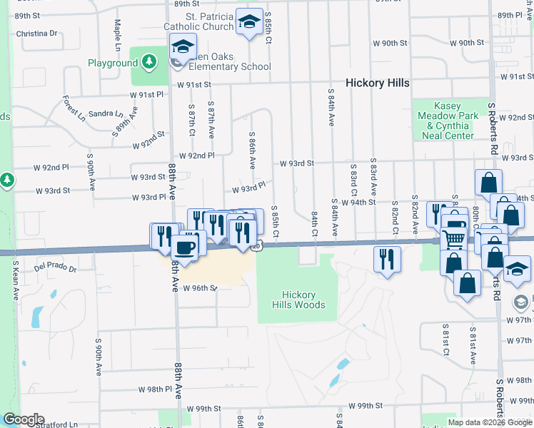 map of restaurants, bars, coffee shops, grocery stores, and more near 9419 South 85th Court in Hickory Hills
