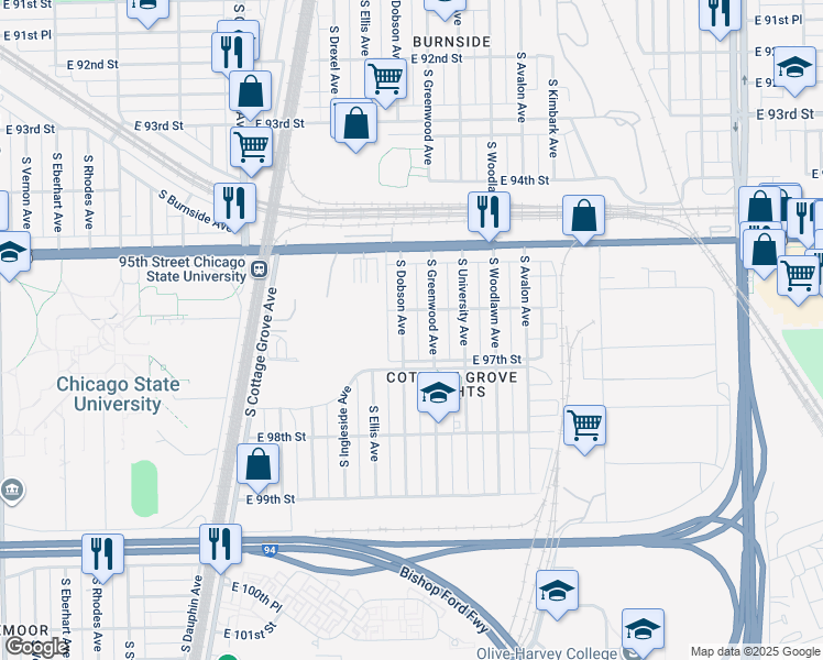 map of restaurants, bars, coffee shops, grocery stores, and more near 9624 South Dobson Avenue in Chicago