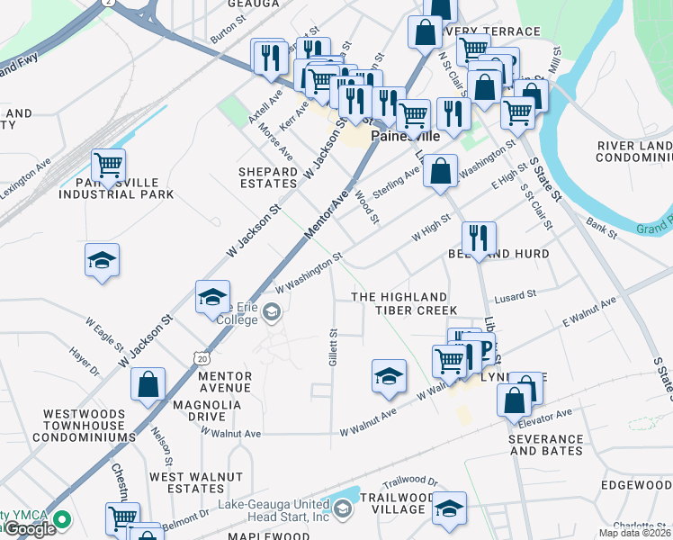 map of restaurants, bars, coffee shops, grocery stores, and more near 71 Gillett Street in Painesville