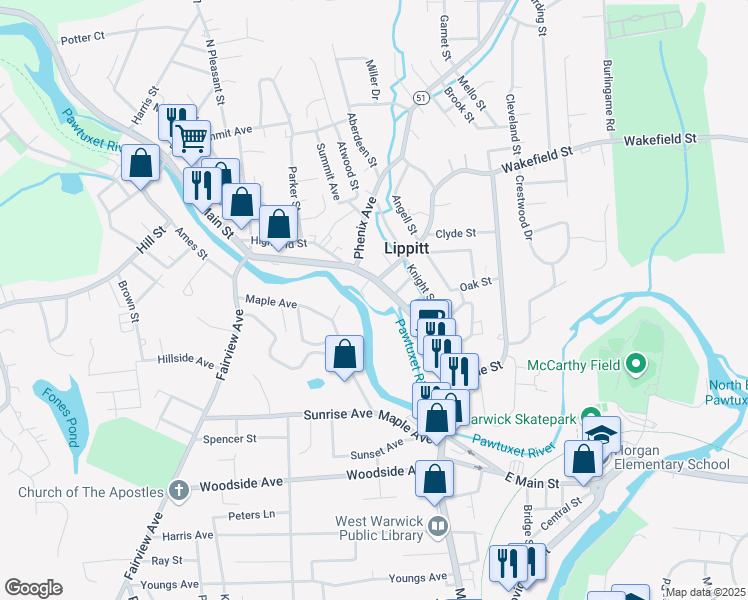map of restaurants, bars, coffee shops, grocery stores, and more near 825 Main Street in West Warwick