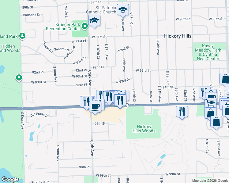 map of restaurants, bars, coffee shops, grocery stores, and more near 9431 86th Court in Hickory Hills